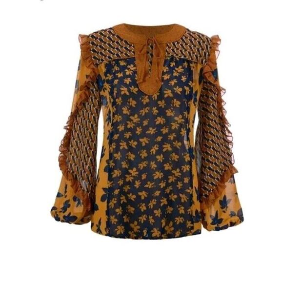 CAbi 3953 Golden Eye Harmony Blouse New Flower Riot Print Sz S Sheer Boho $99 - Picture 1 of 11